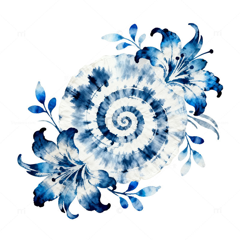 蓝染风格花卉图案设计素材
