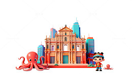 卡通风澳门大三巴建筑插画设计素材