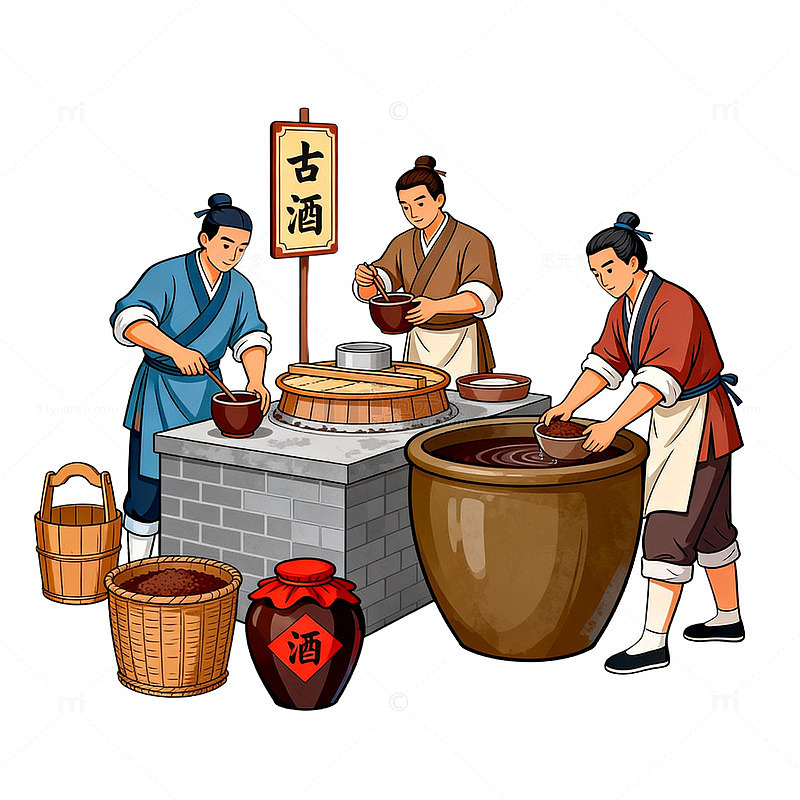 国风古酒酿造场景插画设计素材