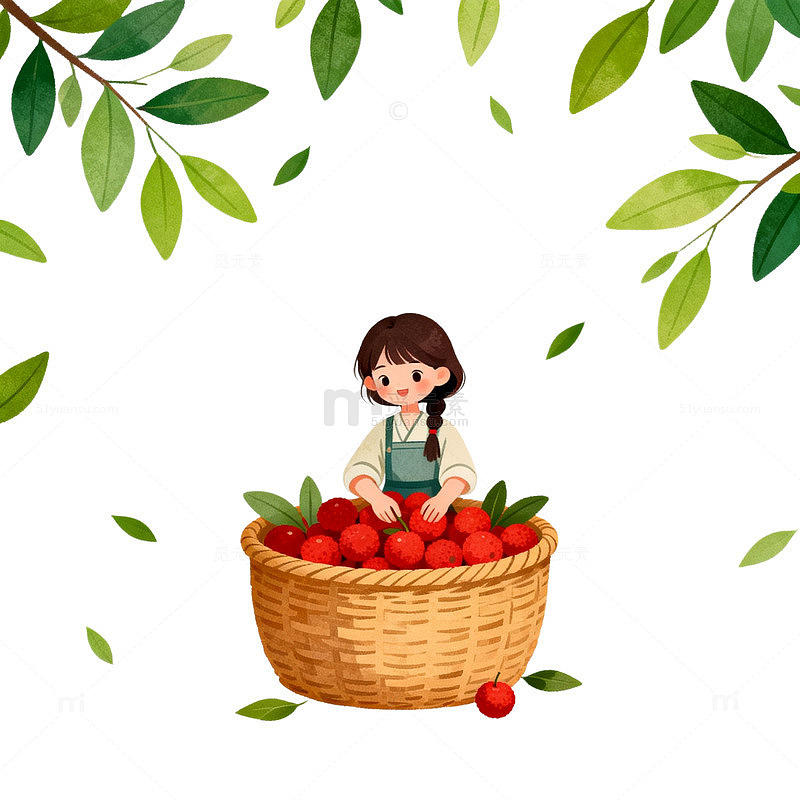 卡通风小女孩采樱桃插画设计素材