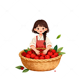 手绘风女孩采摘樱桃插画设计素材