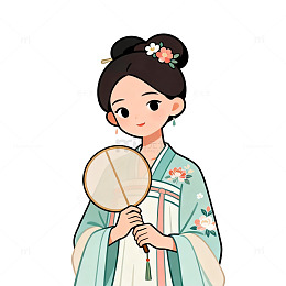 卡通风古装女子持扇插画设计素材