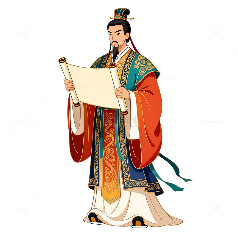 国风古代官员手持卷轴插画设计素材