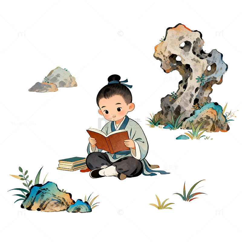 国风插画古代孩童读书场景设计素材