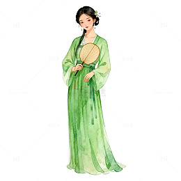水彩风古风女子持扇手绘设计素材