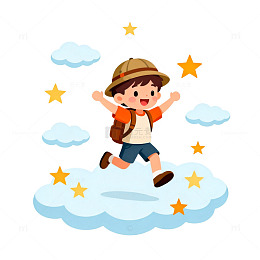 卡通风小男孩跳跃云朵插画设计素材