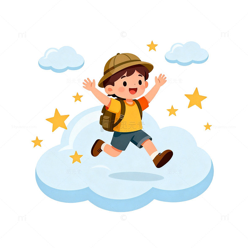 卡通风小男孩云朵跳跃插画素材