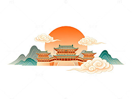 国风插画古建筑日出场景设计素材