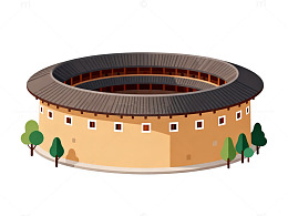 扁平风客家土楼建筑插画设计素材