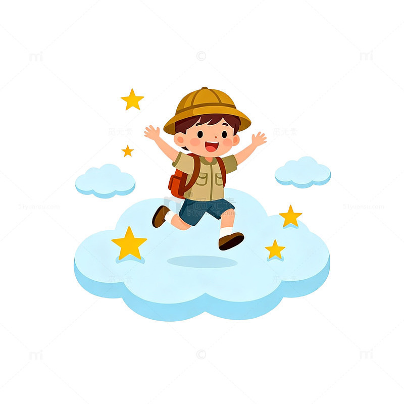 卡通风格探险男孩云朵跳跃插画素材
