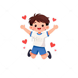 卡通风快乐男孩跳跃爱心插画设计素材