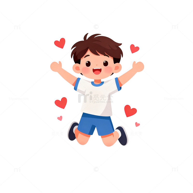 卡通风快乐男孩跳跃爱心插画设计素材