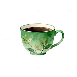 水彩风绿色茶杯手绘叶子图案设计素材