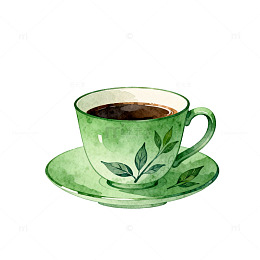 水彩风绿色茶杯手绘茶叶饮品设计素材