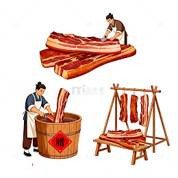 插画风腊肉制作场景设计素材