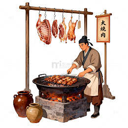 国风复古古代烧烤摊位插画设计素材