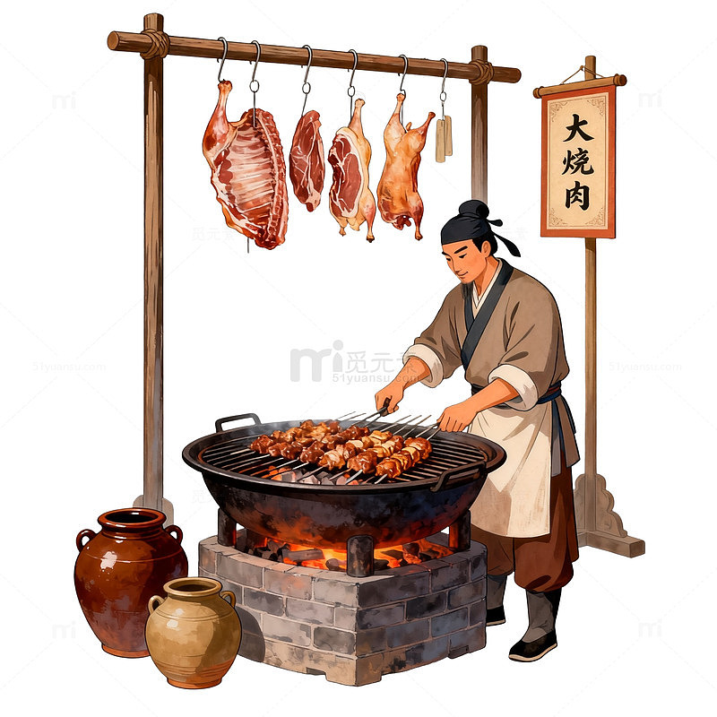 国风复古古代烧烤摊位插画设计素材