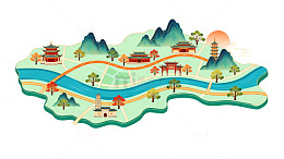 国风插画山水古镇地图设计素材