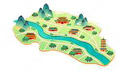 卡通风山水古镇地图设计素材