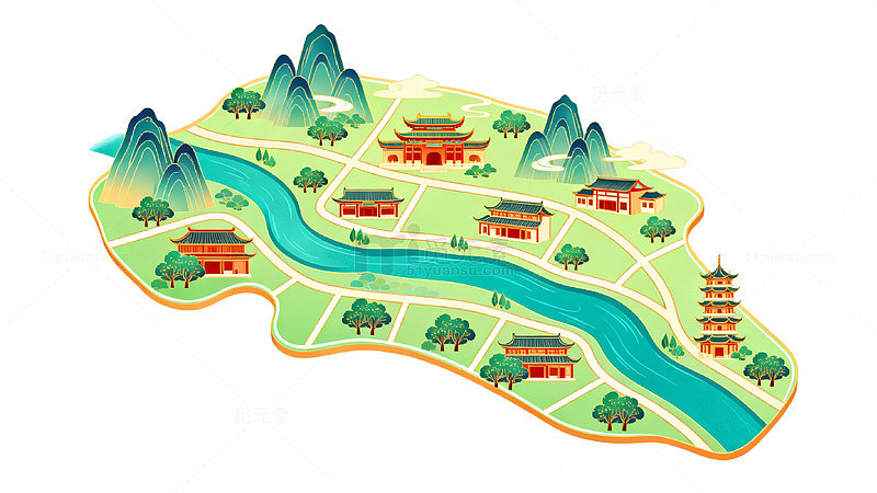 卡通风山水古镇地图设计素材