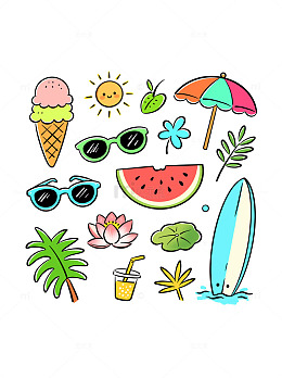 手绘风卡通夏日海滩元素设计素材