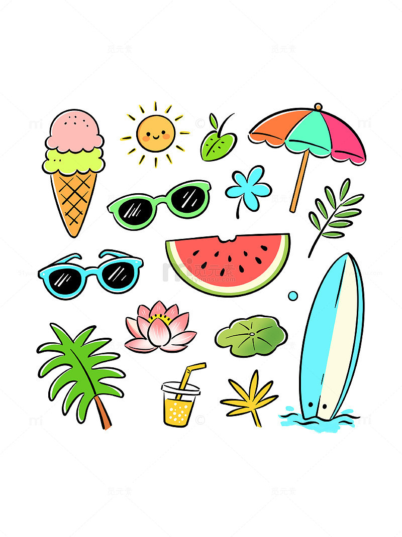 手绘风卡通夏日海滩元素设计素材