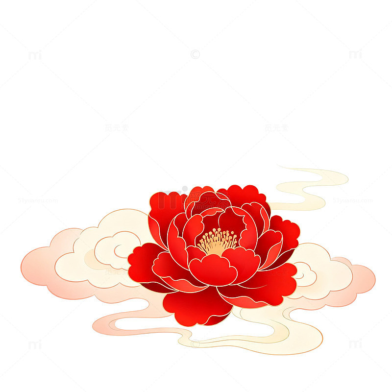 国风手绘红色牡丹祥云图案设计素材