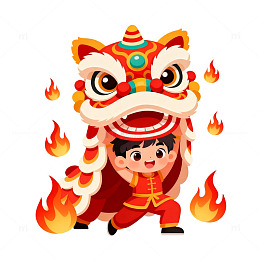 卡通风舞狮表演儿童插画设计素材