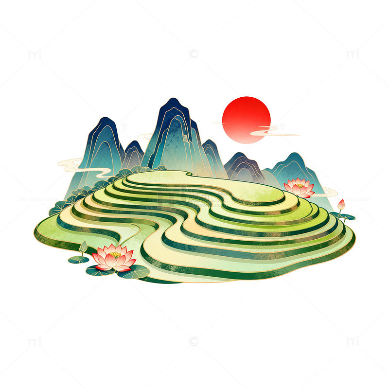 国风水墨风梯田山水插画设计素材