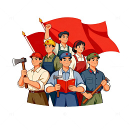 卡通风工人阶级红旗宣传插画素材