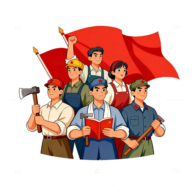 卡通风工人阶级红旗宣传插画素材