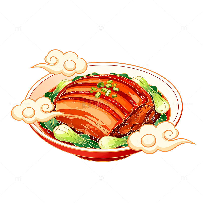 卡通风红烧肉配菜手绘美食设计素材