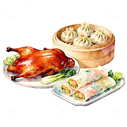 水彩风中式美食手绘烤鸭春卷素材
