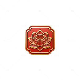 中式风莲花图案红色徽章设计素材