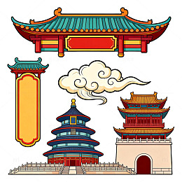卡通风中国传统建筑插画设计素材