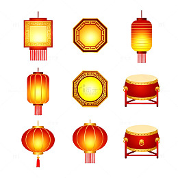 扁平风春节灯笼鼓类设计素材