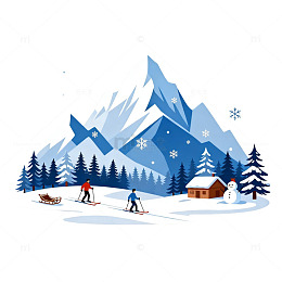 扁平风冬季雪山滑雪场景设计素材