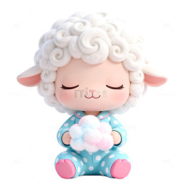 3D卡通风格可爱小羊抱着云朵设计素材