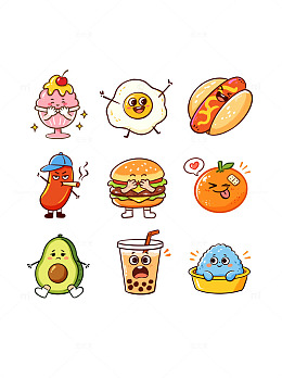 卡通风格食物角色插画设计素材