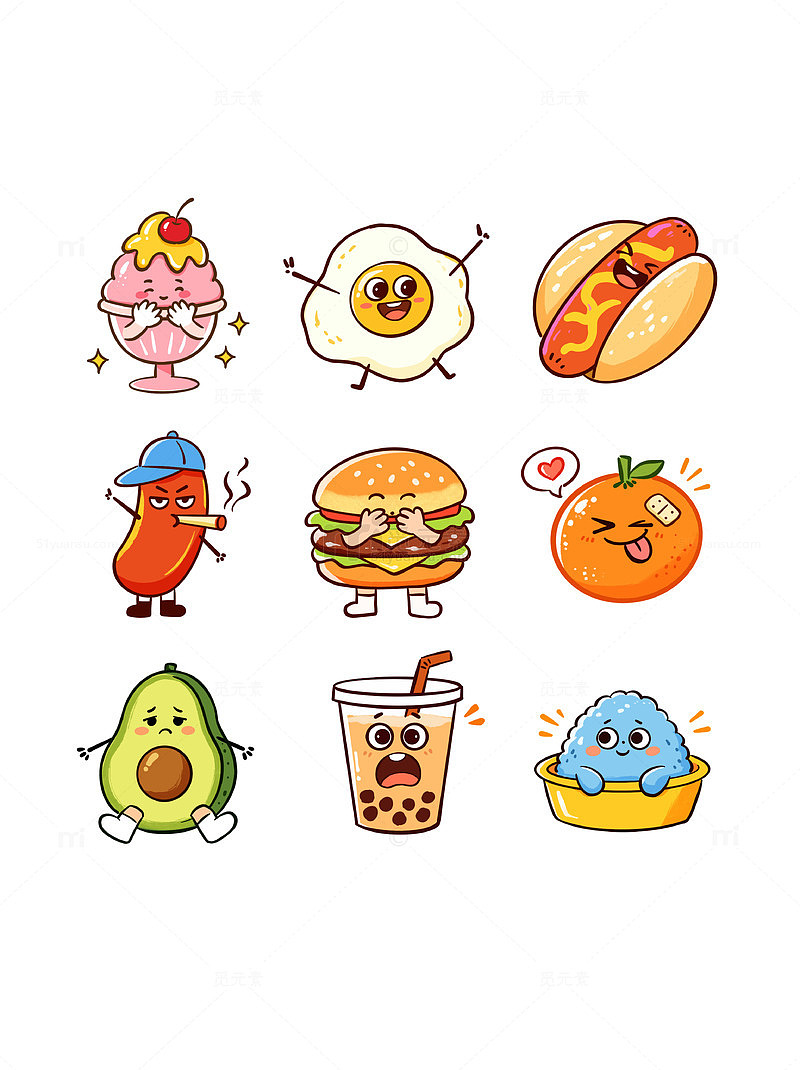 卡通风格食物角色插画设计素材