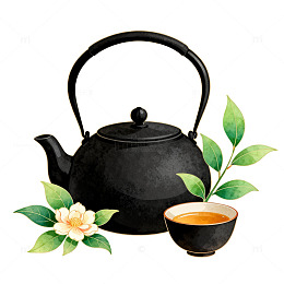 水彩风茶道静谧手绘茶壶茶杯设计素材