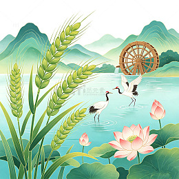 国风水墨风田园风光手绘插画设计素材