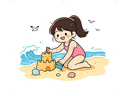 卡通风沙滩女孩堆沙堡插画素材