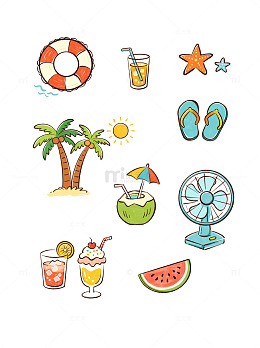 手绘风夏日海滩度假夏季元素设计素材