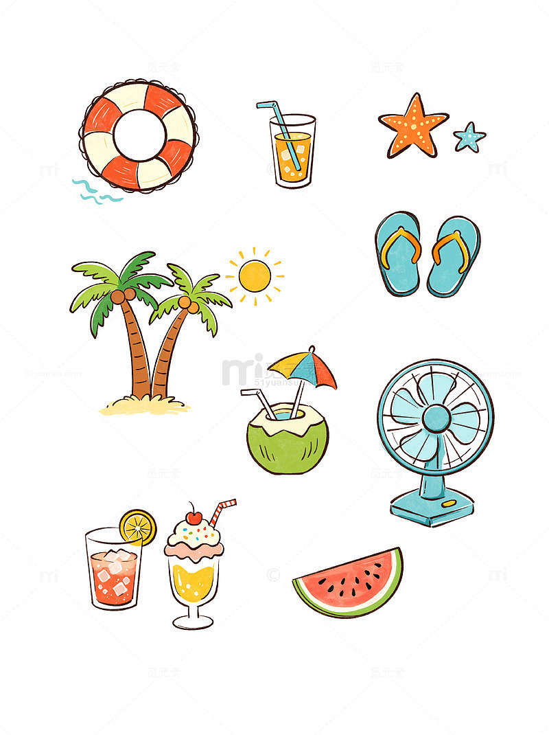 手绘风夏日海滩度假夏季元素设计素材
