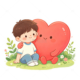 卡通风男孩与爱心手绘插画素材免扣元素