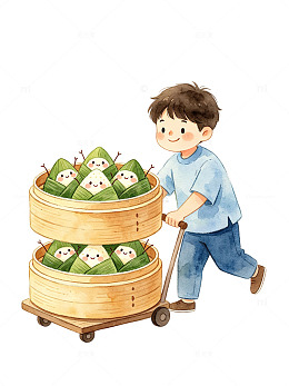 水彩风端午节男孩推竹蒸笼手绘粽子设计素材