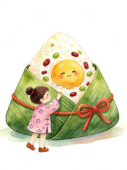 水彩风可爱女孩与饭团手绘插画设计素材