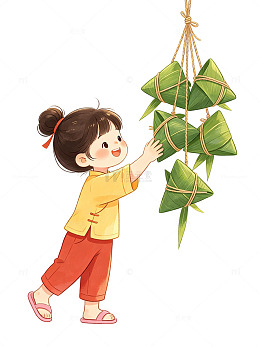 卡通风端午节小女孩挂粽子设计素材