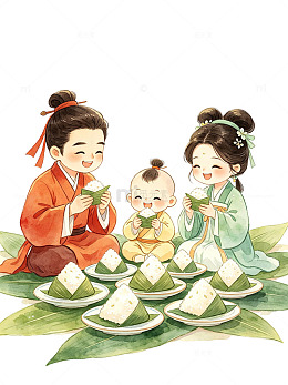 国风手绘端午节家庭包粽子插画素材